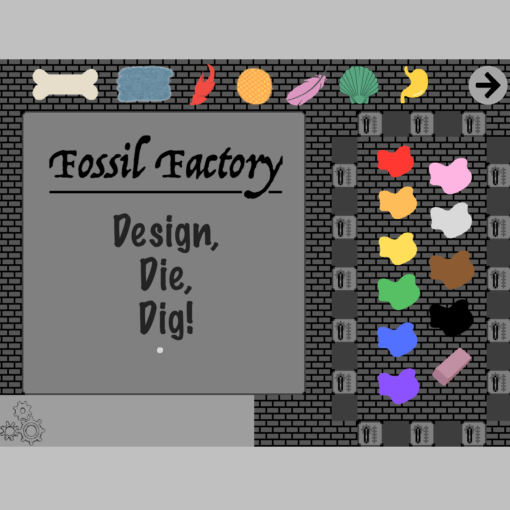 Image of a video game stage with icons of tissue types at the top and rainbow icons on right side. The large blank area contains the title of the game.